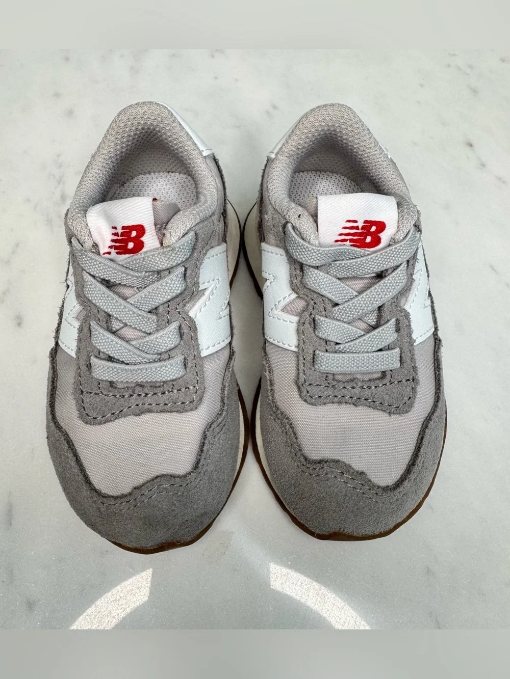 New Balance Kids Gray, White & Red Logo Classic Sneaker